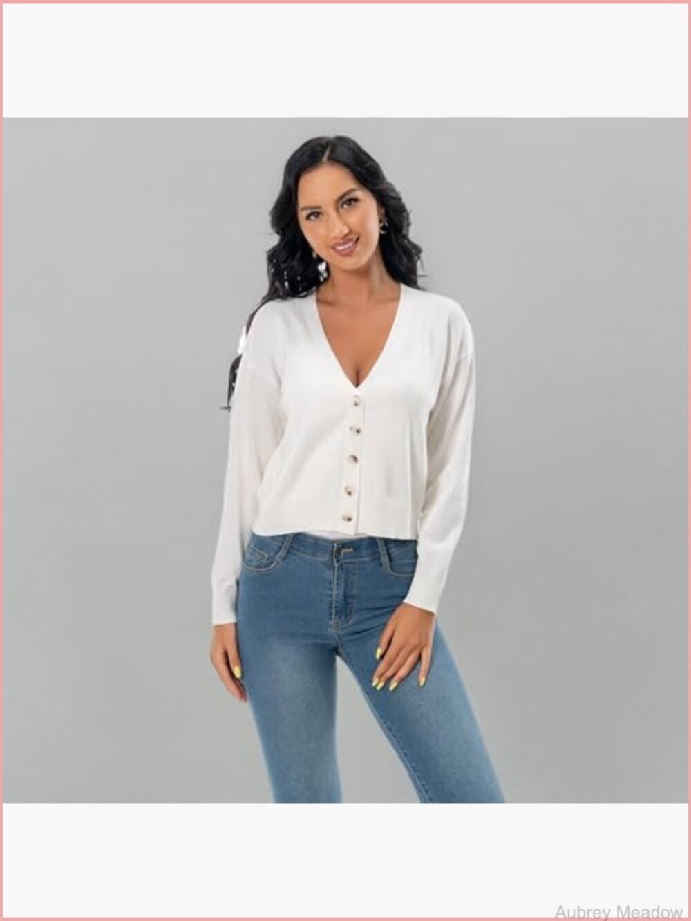 V Neck Long Sleeve Cropped Cardigan Sweater Button Down Knit Bolero Shrug - Picture 6 of 7